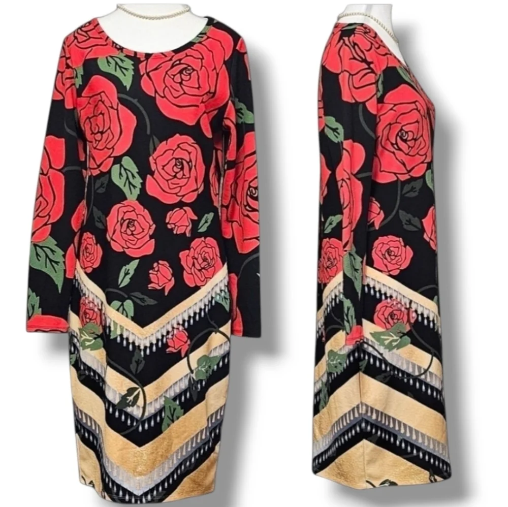LuLuRoe Womens Size Large Long Sleeve Debbie Style Dress With Rose Pattern - Picture 2 of 15